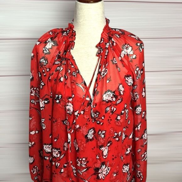 NWOT Veronica Beard Silk Blouse Red Floral Ruffle Trim Long Sleeve Top US 8 - Picture 2 of 16